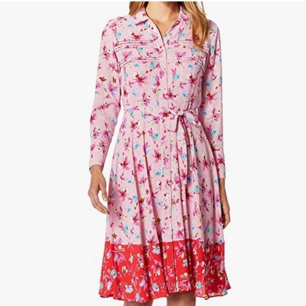 Nanette Lenore Dress Gorgeous Pink Floral Button Down Tie Waist size 16